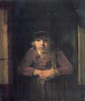 Samuel van Hoogstraten - A Young Man Wearing a Hat decorated with a Gold Medallion in a Half-Door